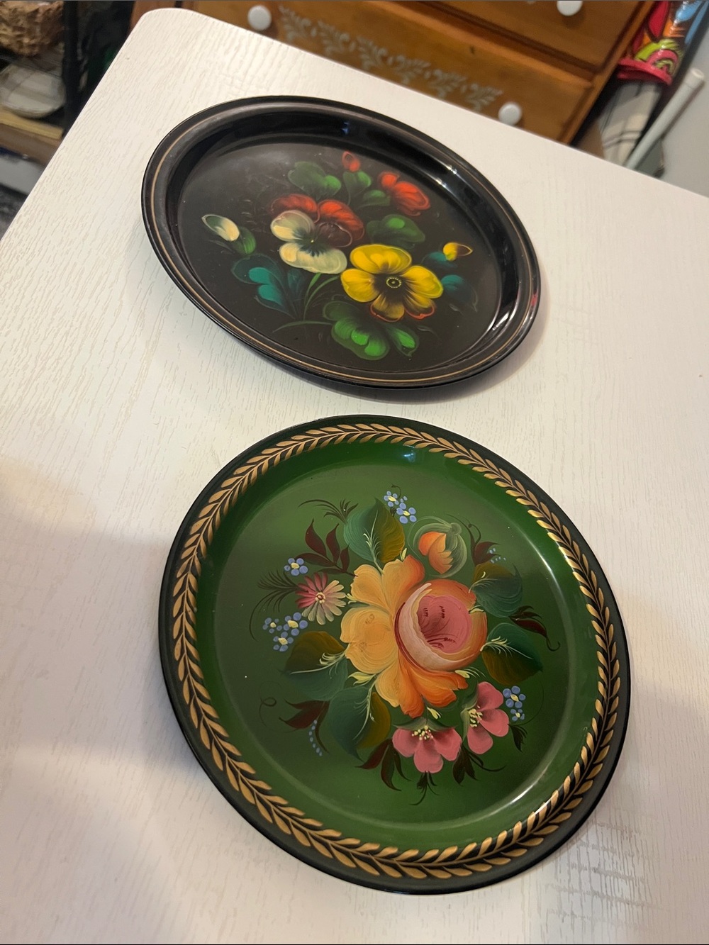 Vintage Russian Hand-Painted Floral Decorative Trays